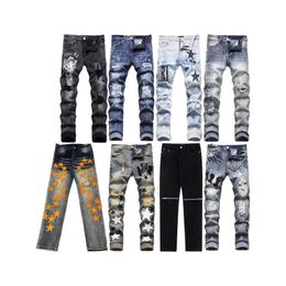 Designer Jeans Moda Stile Europeo America Jean Hombre Lettera Stella Ricamo Patchwork Strappato Pantaloni da moto Uomo Skinny all'ingrosso