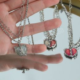 Divided Heart Pendant Necklace for Women Girl Pink Crystal Sweet Cool Clavicle Chain Necklaces Fashion Jewellery Gifts