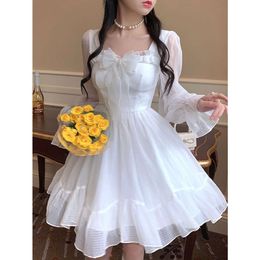 White Kawaii Dress for Women Chiffon Lolita Long Sleeve Mini Dresses Bow Fairy Robe Ruffles Patchwork Square Collar Summen