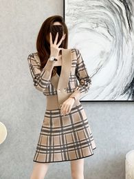 Two Piece Dress Vintage V-Neck Plaid Short Knitted Cardigan High Waist Mini Skirts Two-Piece Female Fashion Sweet Suit Korean Autumn 230422