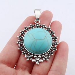 Pendant Necklaces 1 X Large Imitation Turquoises Stone Boho Tibetan Silver With Flower Pattern Charms Pendants For Necklace Making