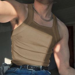 Men's Tank Tops Leisure Solid Colour Ribbed Slim Vests Men's Summer Fashion Straps Sleeveless Square Collar Tank Tops Sexy Men Clothes Camisole 230422