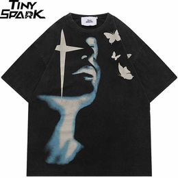 Men's T-Shirts Men Washed Tshirt Streetwear Shadow Butterfly Graphic TShirt Retro Vintage Print 2023 Hip Hop T Shirt Harajuku Tops Tees Cotton Z0421