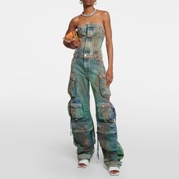 Women's Jumpsuits Rompers Vintage Denim Jumpsuit Off Shoulder Button Up Cargo with Multipockets 2023 Summer Vibe High Street Sleeveless 231121