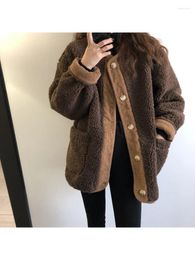 Women's Fur Coat Autumn And Winter Lamb Wool Corduroy Spliced Korean Style Round Neck Long Sleeve Loose One-piece Jacket For Women