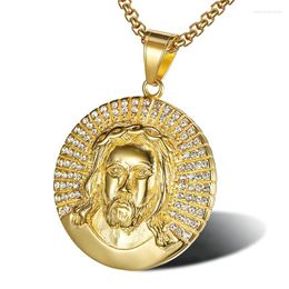 Pendant Necklaces Hip Hop Round Jesus With A Zircon Gold Colour Necklace For Men Stainless Steel Religious Jewellery Drop