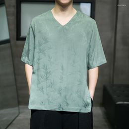 Men's T Shirts Style Retro Chinese Ice Silk V-Neck Short Sleeve Summer Five-Sleeve Hanfu Plus Size Thin Top Men Clothing Black Tee
