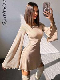 Sexy Round Neck Knitted Slim Dress Women Flare Long Sleeve High Waist Pleated Mini Vestidos Fashion Female Backless Party Robes