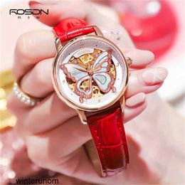 Rosdn Couple Watches Lauston Womens Watch Waterproof Automatic Mechanical Watch Female Red Belt Hollow Butterfly Womens Watch Rose Gold Vitality Red Leather w HB3C