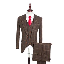 Men's Suits & Blazers Wool Brown Classic Tweed Custom Made Men Suit Retro Gentleman Style Groom Tuxedos Wedding For 3 Piece