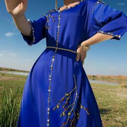 Ethnic Clothing Robe Femme Musulmane Royal Blue Satin Half Sleeve Muslims Women Dress Dubai Travel Abayas For Evening Dresses