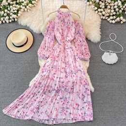 Casual Dresses Boho Style Women Summer Halter Dress Floral Print Off Shoulder Alim A-Line Chiffon Vestidos Fashion Ankle-Length Beach Robe