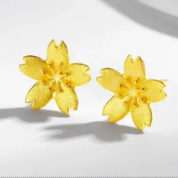 Stud Earrings FINE 999 24K Yellow Gold Women Flower
