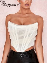 Women's Tanks Camis Colysmo Mesh Crop Top Women Summer s Sexy Party Club Wear Off Shoulder Corset Solid Color Casual Streetwear Tube 230422