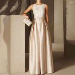 Party Dresses Classic Boat Neck Simple Champagne Formal Occasion Dress Sleeveless Bow Lace Satin Jumpsuit Gowns Floor Length 2023