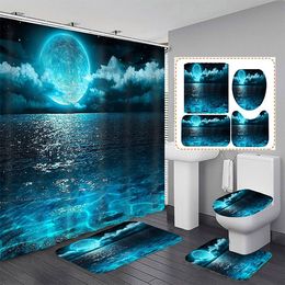 Shower Curtains Waterproof Curtain Sets with Rugs Moonlight Sea Scenery Bath Rug and Mats Hooks Toilet Seat Cover Bathroom Decor 230422