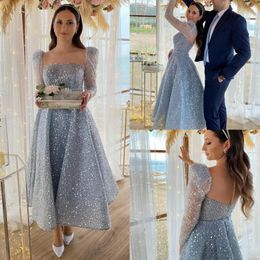 Ankle Length Sequins Princess Prom Dresses Light Sky Blue Glitter Homecoming Dress Sexy Buttons Back Party Birthday Gowns Long Sleeves A Line Bride Wear 2024