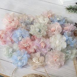 Decorative Flowers 10PCS 4.5CM 3D Organza Chiffon Gauze Fabric Artificial Lotus Flower Wedding Dress Hat Hairpin Decoration DIY Sewing