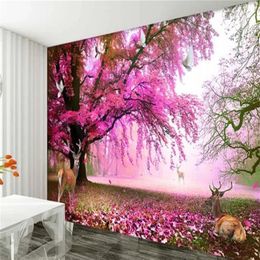 Пользовательские 3D настенные обои Sika Deer Fantasy Cherry Tree Гостиная ТВ фон связанная настенная живопись Wallpaper299f