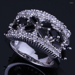 Cluster Rings Prominent Black Cubic Zirconia White CZ Silver Plated Ring V0552