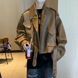 Men's Jackets American Brown Rivet PU Leather Jacket Short Causal Loose High Street Motorcycle Men Tops Overcoat Male Clothes