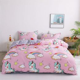 Cartoon Unicorn Children Bed Linen Set Soft Comfortable Soft Bedclothes Bed Cover Pillowcase Sheet Girls Bedding Set for Adults LJ265o