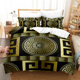 Bedding sets 3D Luxury Black Gold Sets Greek Key Meander Duvet Cover Bed Linens Queen King Size Modern Geometric Bedspread 230422