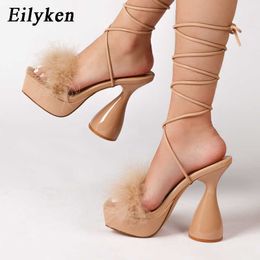 top Roman Strappy Chunky Heels Fashion Peep Toe Ankle Cross Lace-up Platform Feather Sandals Women Shoes Size 40 230306