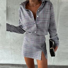Work Dresses Elegant Long Sleeve Party Outfit 2023 Women's Plaid Slim 2pc Sets Fashion Lapel Collar Single Breasted Shirt And Mini Skirt