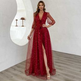 Prom Dresses 2023 Summer Starry Sky Polka Dot Wine Red Evening Dresses V-neck Waist Style Spliced Mh Dresses for Women