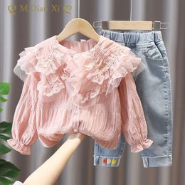 Clothing Sets Spring Summer Fashion Toddler and Baby Girls Ruffle Sleeve Lace Floral Coat Jeans Sets Cute 2 Pieces Clothing 1-7 Years 230422