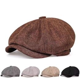 Berets Men's Octagonal Hats Retro Herringbone Style Woollen Tweed Flat Top sboy Cap Fashion Wild Casual Unisex 230421
