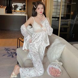 Women's Sleepwear Fashion Autumn Print Velvet Women 3 Pieces Pyjamas Set Winter Sexy Lace Robe Sets Elegant Female Nightwear Home Clothes