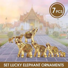 Mini Set Feng Shui Elegant Elephant Trunk Statue Lucky Wealth Figurine Crafts Ornaments Gift for Home Office Desktop Decoration 20313W