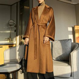 Women's Wool 2023 Reversible Cashmere Coat Women Long Below The Knee High-End Water Ripple Autumn Winter Loose Lace-up Outwear