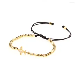 Charm Bracelets Fashion Pave White Zircon Airplane Pendant Link Chain Bracelet Copper Gold Plated Beads Black Rope Adjustable Jewelry