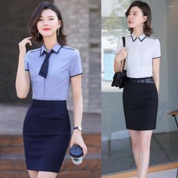 Women's Blouses Summer Office Ladies & Shirts With Tie Women 2 Piece Skirt And Top Set Short Sleeve Work Uniform OL Grey