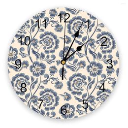 Wall Clocks Floral Pattern Blue Retro PVC Clock Living Room Decoration Modern Design Home Decore Digital