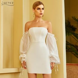 Casual Dresses Adyce 2023 Autumn White Off Shoulder Bandage Dress Sexy Strapless Long Sleeve Lace Women Club Celebrity Runway Party