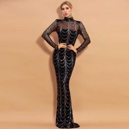 Prom Dresses Long Sleeved Black Tuxedo Sexy Perspective Stripe Sequin Long Evening Dresses Women