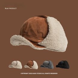 Trapper Hats Women Winter Thickened Lamb Wool Bomher Hat Corduroy Ear Protection Baseball Retro Brown Trendy Men Shortbrimmed Pilot 231122