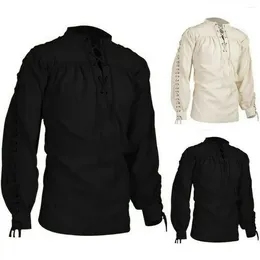 Men's Casual Shirts Medieval Clothing Solid Color Retro Standing Collar Bandage Long Sleeve Top Fashionable Versatile