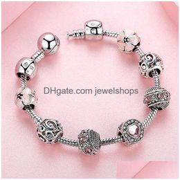 Charm Bracelets Pink Sakura Flower Bracelets Pan Dora Designs 925 Sier Fashion Love Heart Shaped Crystal Rhinestone Opal Beaded Charm Dhswb