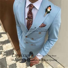 Men's Suits & Blazers Light Blue Men For Wedding Wide Peaked Lapel Groom Tuxedos 2 Pieces Set Male Prom Double Breasted Costume HommeMen's