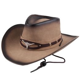 Wide Brim Hats Bucket Cowboy Woman Western Fedora Hat With Rope Metal Bull Head Decoration Genuine Leather Cap Jazz Riding For Men 230421