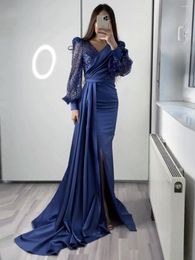 Party Dresses Mermaid Evening Dress Wedding Night V Neck Glitter Long Puffy Sleeves Prom Satin Formal Celebrity Gown
