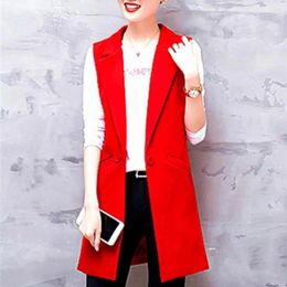 Women's Suits Women Vest Jacket Solid Color Elegant Sleeveless Suit Coat Mid-length Lapel With Thin Pockets Formal