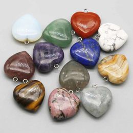 Pendant Necklaces 25MM Natural Semiprecious Stone Amethyst Multicolour Heart Necklace Key Chain Accessories Charms Jewelry Wholesale 10Pcs