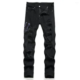 Men's Jeans Men Snake Embroidery Streetwear Black Stretch Denim Pants Holes Ripped Distressed Slim Straight Trousers