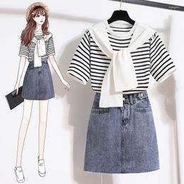 Work Dresses Women 2023 Summer Fashion Short Sleeves Striped T-shirt Skirt 2 Piece Set Female Denim 2Pcs Ladies Casual Outfits R156